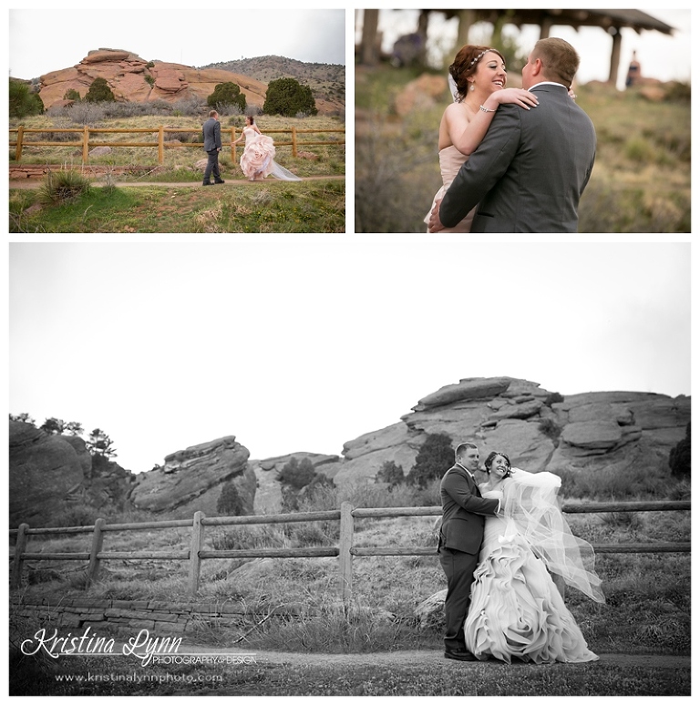 An outdoor wedding first look at Red Rocks park by Denver wedding photographer Kristina Lynn Photography & Design