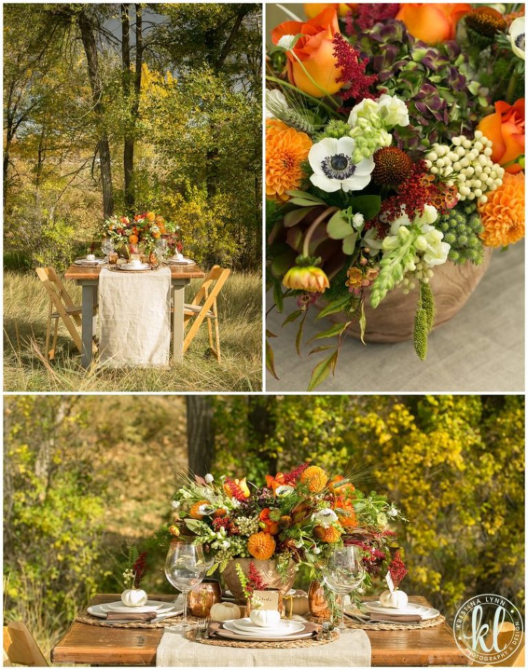 A beautiful fall harvest table featuring lots of texture and a wooden bowl of autumn colored florals | Design by Bella Lu Floral | Photographed by Kristina Lynn Photography & Design