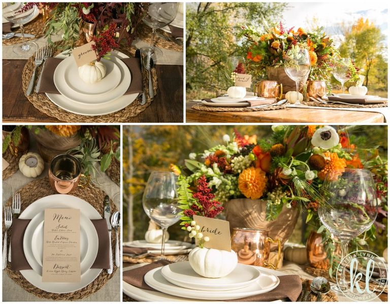 A beautiful fall harvest table featuring lots of texture and a wooden bowl of autumn colored florals | Design by Bella Lu Floral | Photographed by Kristina Lynn Photography & Design | Denver, Colorado