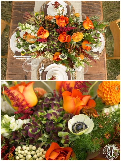A beautiful fall harvest table featuring lots of texture and a wooden bowl of autumn colored florals | Design by Bella Lu Floral | Photographed by Kristina Lynn Photography & Design | Denver, Colorado