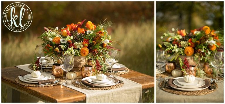 A beautiful fall harvest table featuring lots of texture and a wooden bowl of autumn colored florals | Design by Bella Lu Floral | Photographed by Kristina Lynn Photography & Design | Denver, Colorado