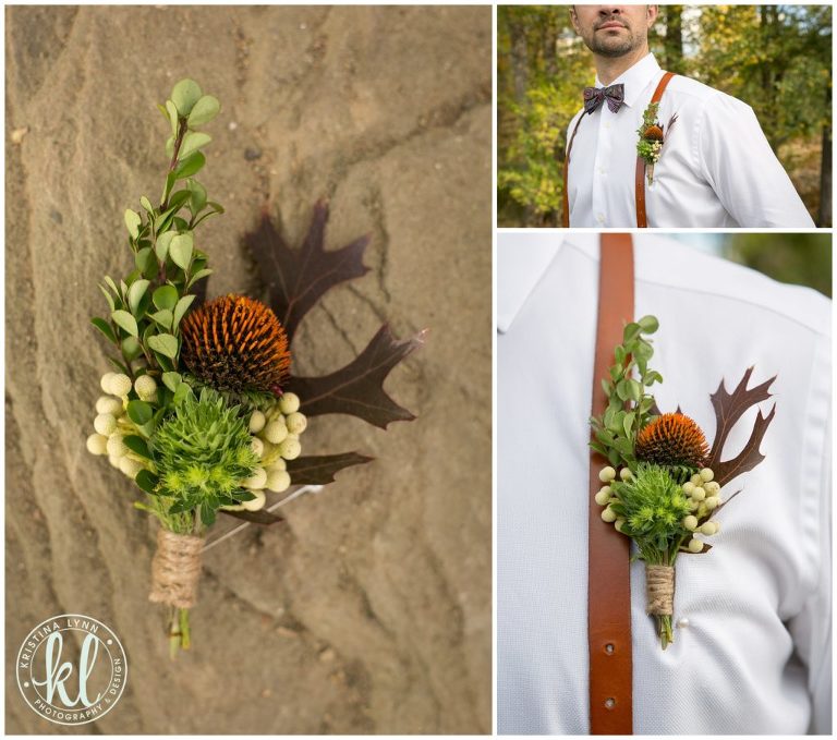 A casual yet stylish groom look complete with suspenders and a boutonniere made with a fall leaf | Design by Bella Lu Floral | Photographed by Kristina Lynn Photography & Design | Denver, Colorado