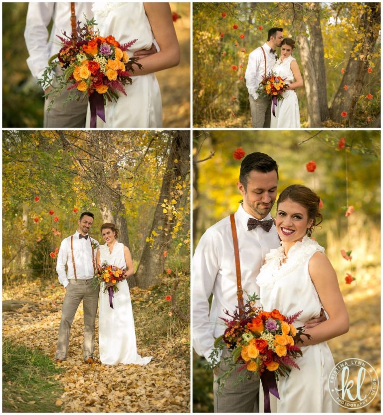 A stylish yet casual wedding couple look for an outdoor wedding | Dress by Maggie Evans Designs | Floral by Bella Lu Floral | Photography by Kristina Lynn Photography & Design | Denver, Colorado