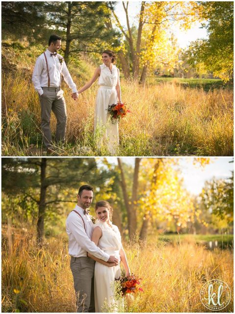 A stylish yet casual wedding couple look for an outdoor wedding | Dress by Maggie Evans Designs | Floral by Bella Lu Floral | Photography by Kristina Lynn Photography & Design | Denver, Colorado