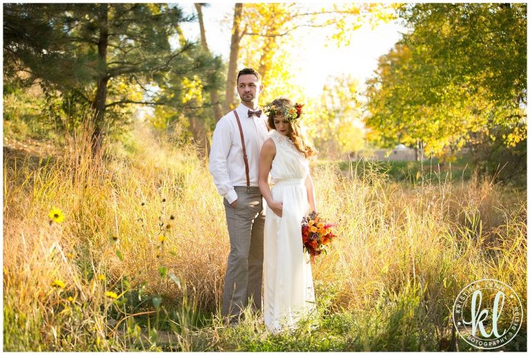 A stylish yet casual wedding couple look for an outdoor wedding | Dress by Maggie Evans Designs | Floral by Bella Lu Floral | Photography by Kristina Lynn Photography & Design | Denver, Colorado
