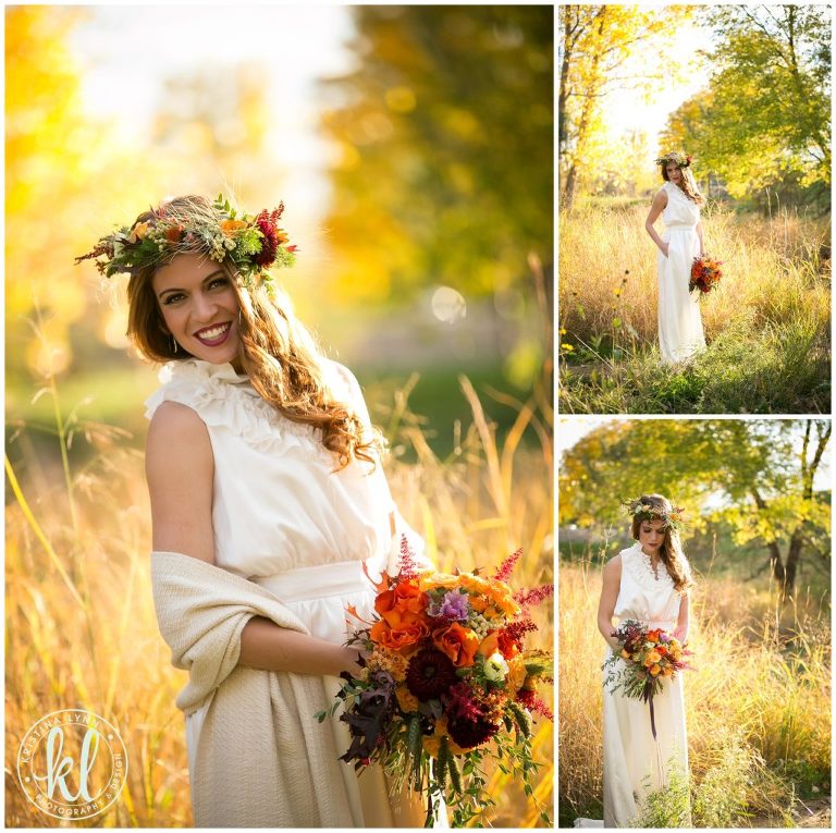 An elegant bridal look for an outdoor wedding complete with a floral crown| Dress by Maggie Evans Designs | Floral by Bella Lu Floral | Photography by Kristina Lynn Photography & Design | Denver, Colorado