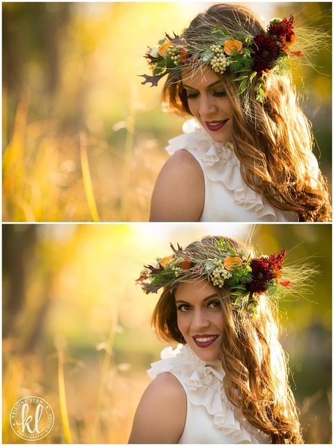 An elegant bridal look for an outdoor wedding complete with a floral crown| Dress by Maggie Evans Designs | Floral by Bella Lu Floral | Photography by Kristina Lynn Photography & Design | Denver, Colorado