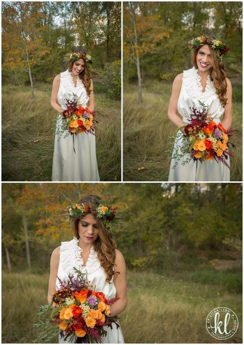 An elegant bridal look for an outdoor wedding complete with a floral crown| Dress by Maggie Evans Designs | Floral by Bella Lu Floral | Photography by Kristina Lynn Photography & Design | Denver, Colorado