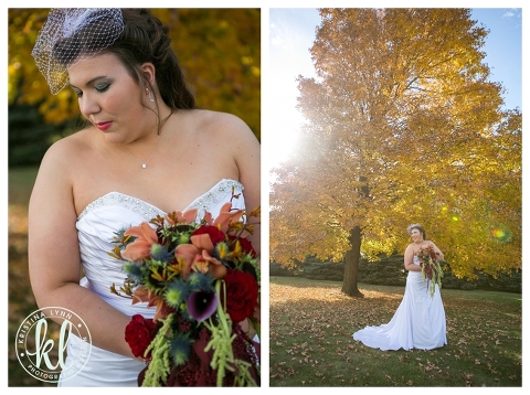 A colorful cascading bridal bouquet for an outdoor fall wedding.