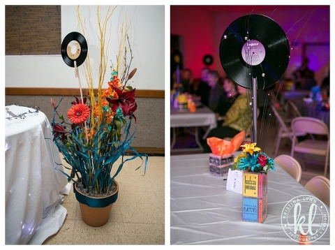 A music inspired wedding reception with vinyl record guest books, DIY centerpieces, a popcorn station and more.