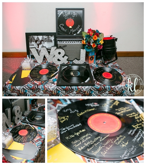 A music inspired wedding reception with vinyl record guest books, DIY centerpieces, a popcorn station and more.