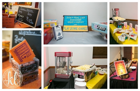 A music inspired wedding reception with vinyl record guest books, DIY centerpieces, a popcorn station and more.