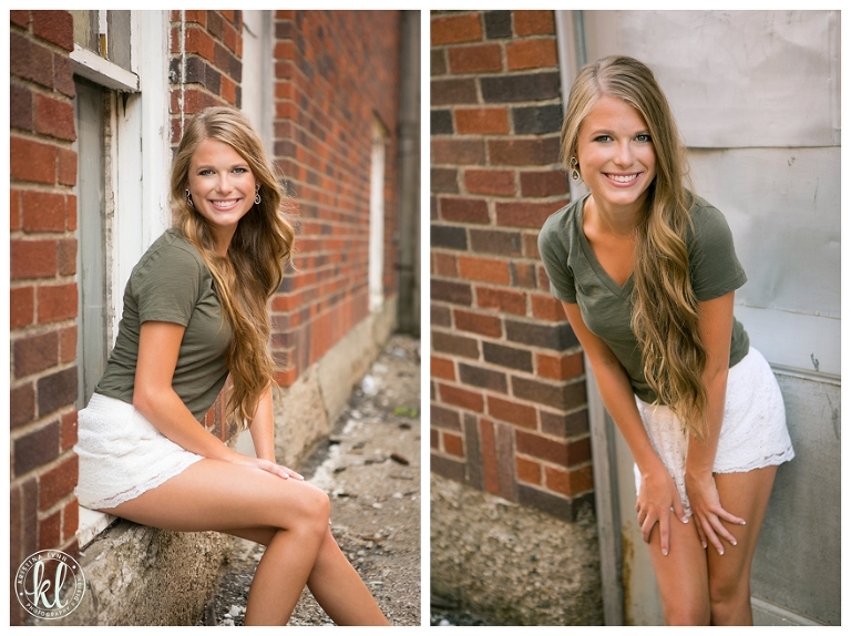 An olive green top for a pop of color with crisp white crochet shorts is a very timeless look for senior photos | Image by Kristina Lynn Photography & Design