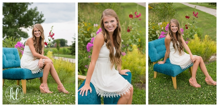 A timeless white dress looks amazing against the bright teal chair and vibrant flowers | Image by Littleton photographer Kristina Lynn Photography & Design