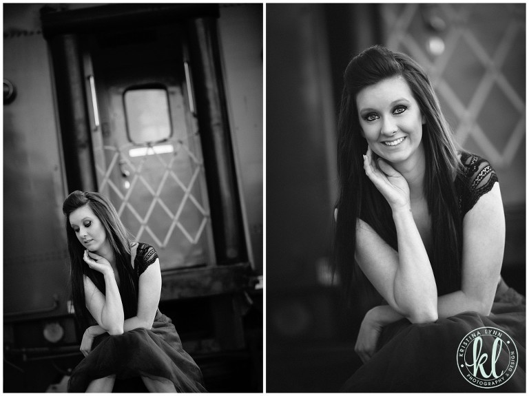 Editorial black and white images of a high school senior girl posing in front of a train car.