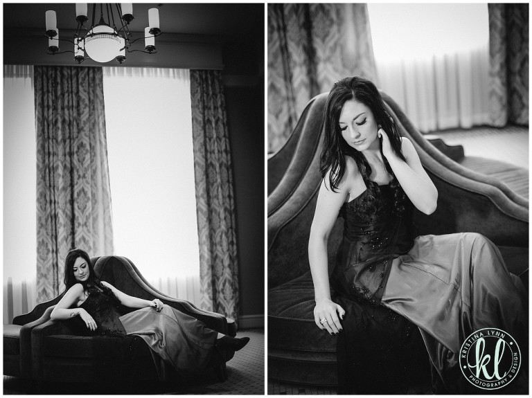 Sophisticated lady lounging on couch in a hotel lobby.