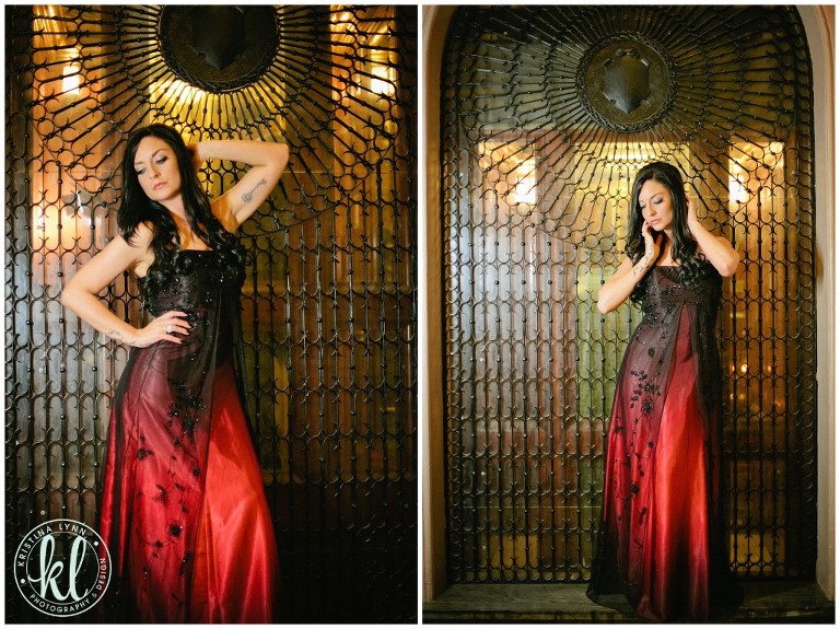 Elegant woman posing in front of a detailed wall in Union Station St. Louis.