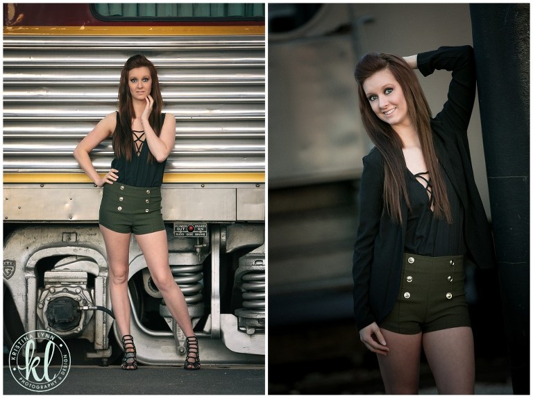 Fashion forward high school senior photos of a teen in high waisted shorts and a black jacket.