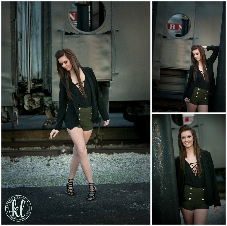 Teen wearing army green high waisted shorts and a black slim fitting jacket for her photo shoot at Union Station in St. Louis Missouri