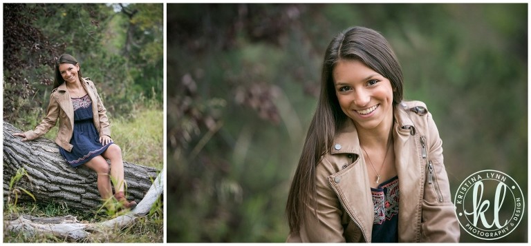 A blue shift dress paired with a tan leather coat was the perfect outfit for this summer senior photo session. | Image by Kristina Lynn Photography & Design.