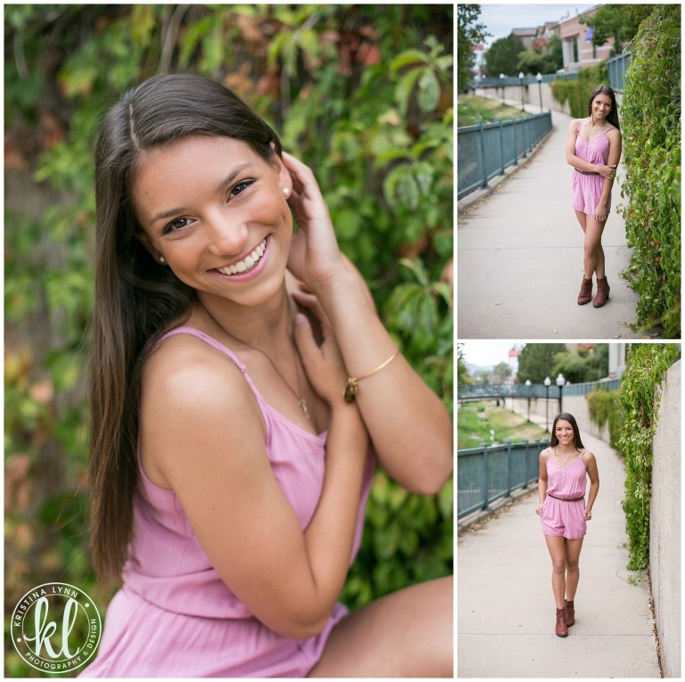 This pink romper worked really well for this downtown Littleton photo session. I love how it plays against the greenery along the Riverwalk path. | Image by Kristina Lynn Photography & Design.