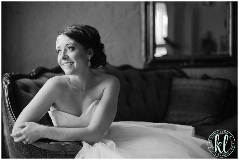 An editorial black and white image of a bride on her wedding day at Villa Parker in Colorado | Image by Kristina Lynn Photography & Design.