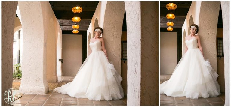 A hollywood glam wedding style with a full ballgown dress from The Bridal Collection and a custom DIY beaded head wrap | Image by Kristina Lynn Photography & Design.