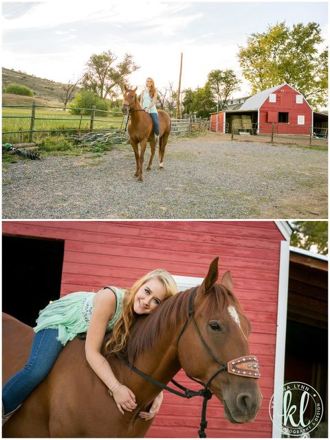 A sunset photo session at a Colorado farm with a horse trotting down the lane.