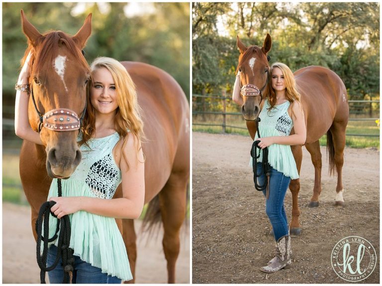 High school girl taking her senior photos on a horse farm in Morrison, CO