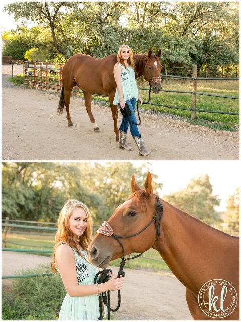 A teen girl walking her horse down a lane at a farm in Colorado during her high school senior photo session.