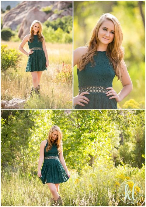 A teen girl in an emerald green dress photographed at the South Platte River park in Littleton, Colorado for her senior photo session.