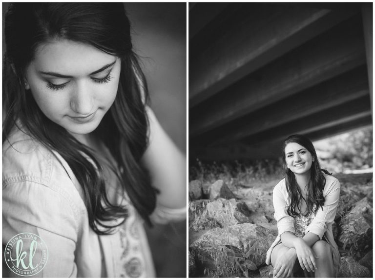 Editorial black and white images of a high school senior girl under a bridge.