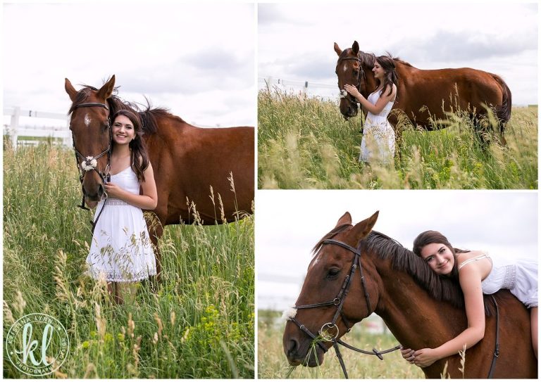 Teenage girl in a white sundress with her horse in a grass field.