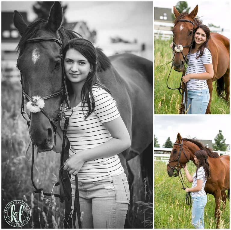 Photos of a high school senior girl at a horse ranch in Colorado.