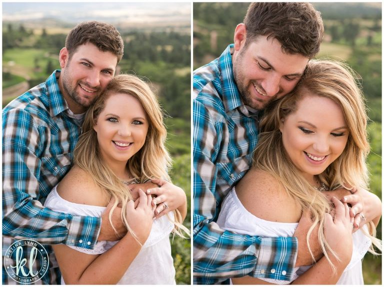 A photo of an engaged couple on top of a mountain by Colorado wedding photographer Kristina Lynn.