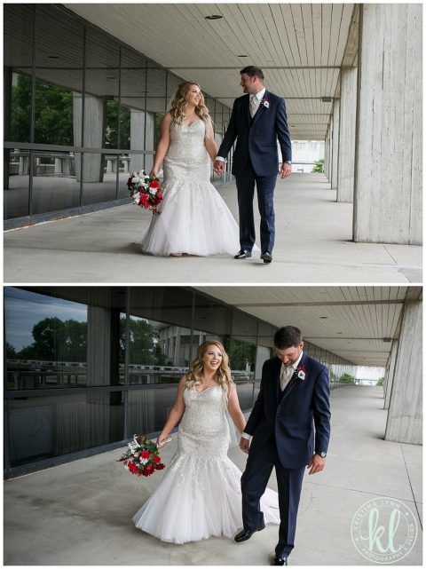The couple walk and laugh during their wedding day in Iowa.