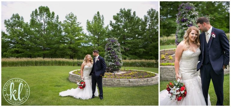 Wedding couple's portraits at botanic gardens in Iowa.