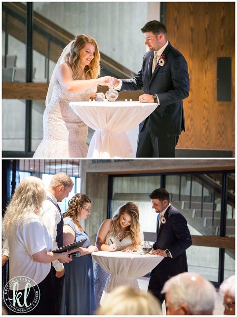 The wedding couple do a glass bead ceremony and sign their marriage license during their ceremony at the Scheman Building, Ames Iowa.