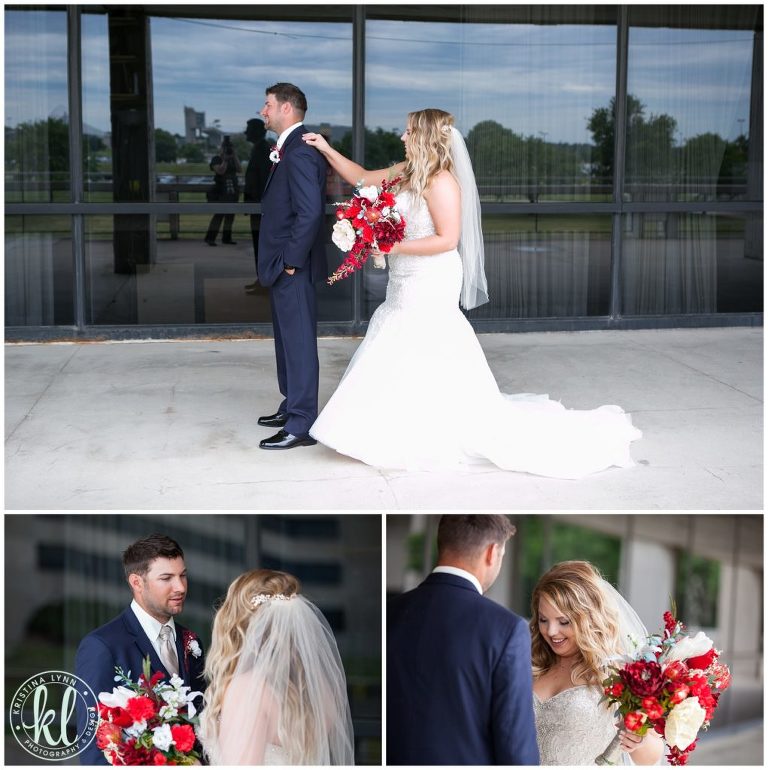 The bride and groom see each other for the first time on their summer wedding day at the ISU Campus.