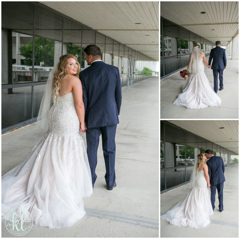 The bride and groom take a little walk on the ISU campus.