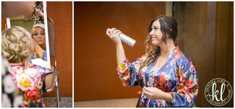 Bridesmaids getting ready on the wedding day on the ISU campus in Ames.