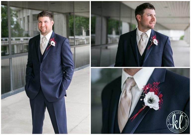 The groom patiently awaits his bride at the Scheman Building, Ames Iowa.
