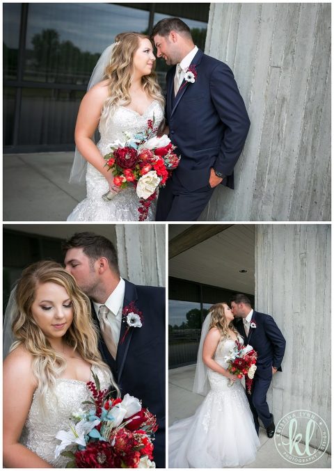 The bride wore an Allure dress in champagne and the groom wore a navy suite from Men's Warehouse. Ames Iowa wedding