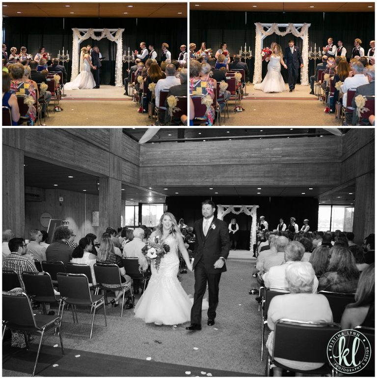 A bride and groom walk down the aisle after tying the knot on the ISU college campus.