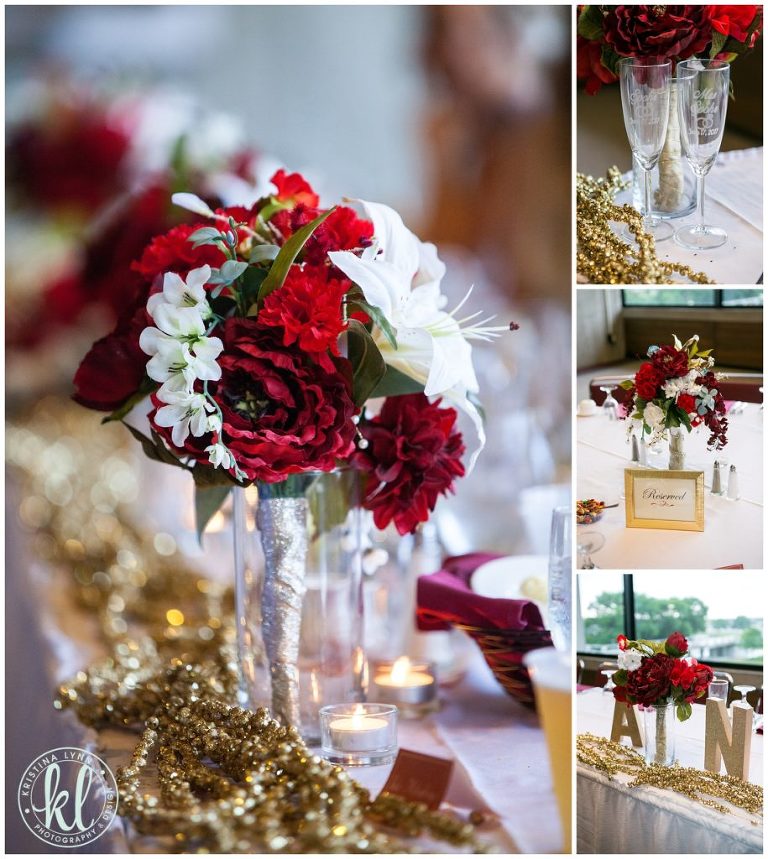 Deep, rich red florals are mixed with pops of white and blue in these stunning wedding bouquets.