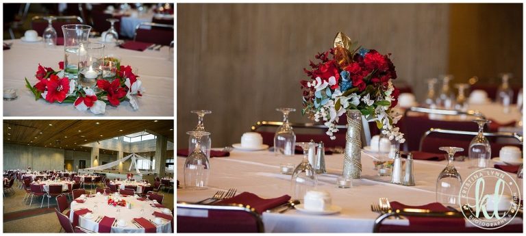 Wedding reception tablescape details at the Scheman Building in Ames Iowa.