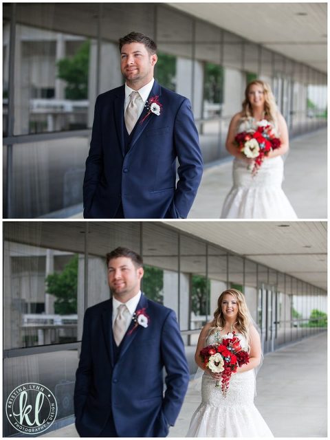 Bride and groom's first look on their wedding day at the Scheman building on the ISU campus.