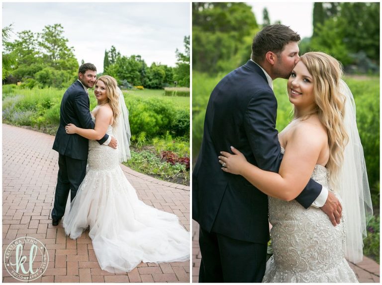 Bride and groom on their wedding day at Reiman Gardens in Ames Iowa.