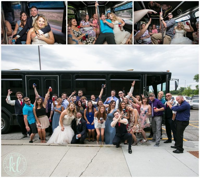A post-wedding ceremony celebration on a party bus in Ames, Iowa at the ISU Campus.