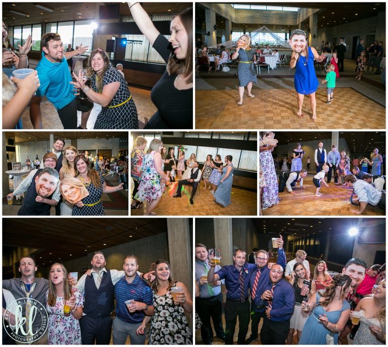 Energetic wedding reception at the Scheman Building on the ISU campus in Ames Iowa.